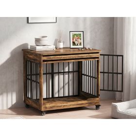 38in  Dog Crate Furniture, Double Door Wooden Indoor Dog Kennel Furniture, Decorative Pet Cage End Table With Wheels For Large And Medium Breed D (Option: RUSTIC BROWN)